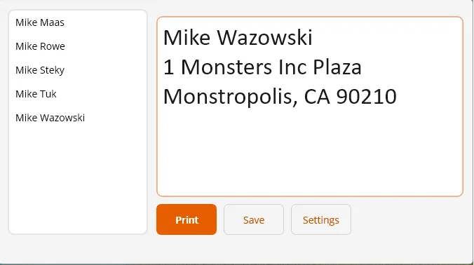 LabelMaker 2026 app with a contact list and an address label ready to print